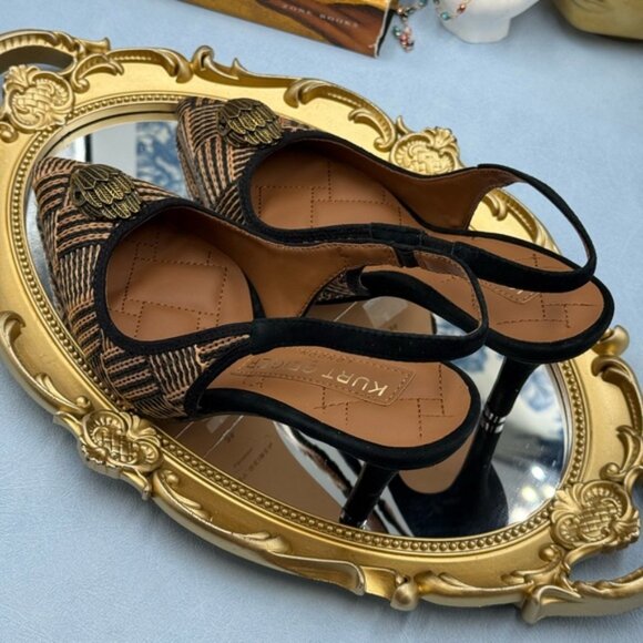 🆕 KURT GEIGER LONDON 🧿 NWOB Belgravia Slingback Heel, Black & Tan Raffia, Sz 6 - Picture 9 of 15